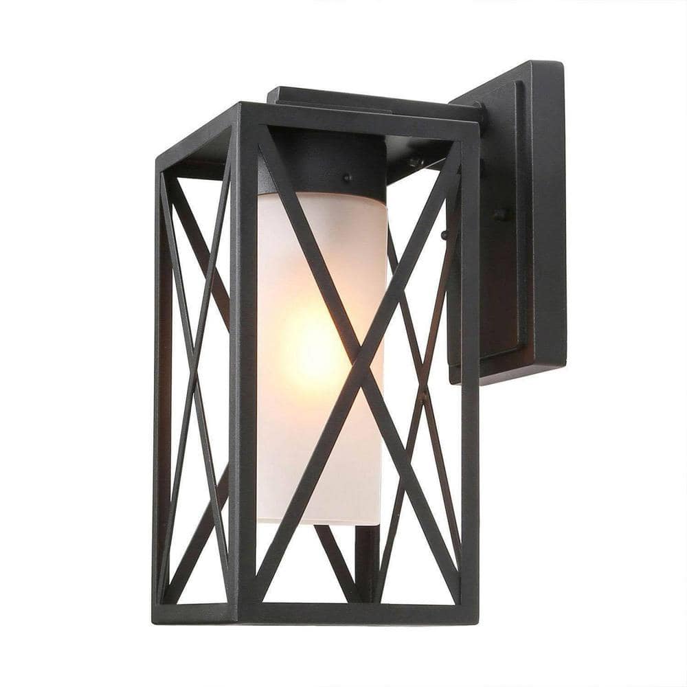 Modern Black 1-Light Outdoor Wall Lantern with Frosted Glass Shade