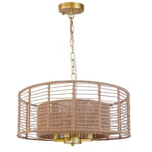 19.7 in. 4-Light Gold Dimmable Drum Rattan Chandelier with Double Layer Handmade Hemp Rope Lampshade