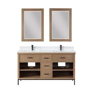 Kesia 60 in. W x 22 in. D x 34 in. H Double Sink Bath Vanity in Brown Pine with White Composite Stone Top and Mirror