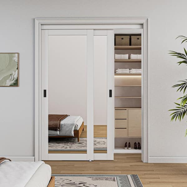 60 in. x 80 in. Solid Core 1-Lite Mirror White Primed MDF Interior Closet Sliding Door with Hardware and Black Handle