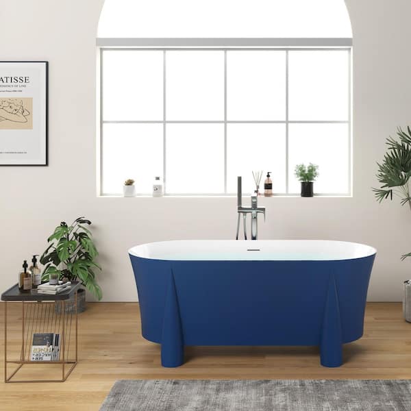 UPIKER 59 in. Acrylic Double-Slipper Freestanding Flatbottom Soaking Non-Whirlpool Bathtub in Blue