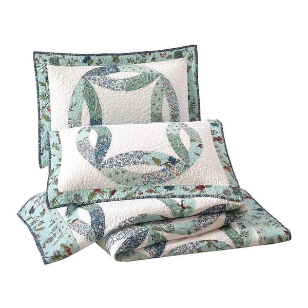 MODERN HEIRLOOM Felicity 3-Piece Blue Floral Wedding Ring Cotton Full/Queen Quilt Set