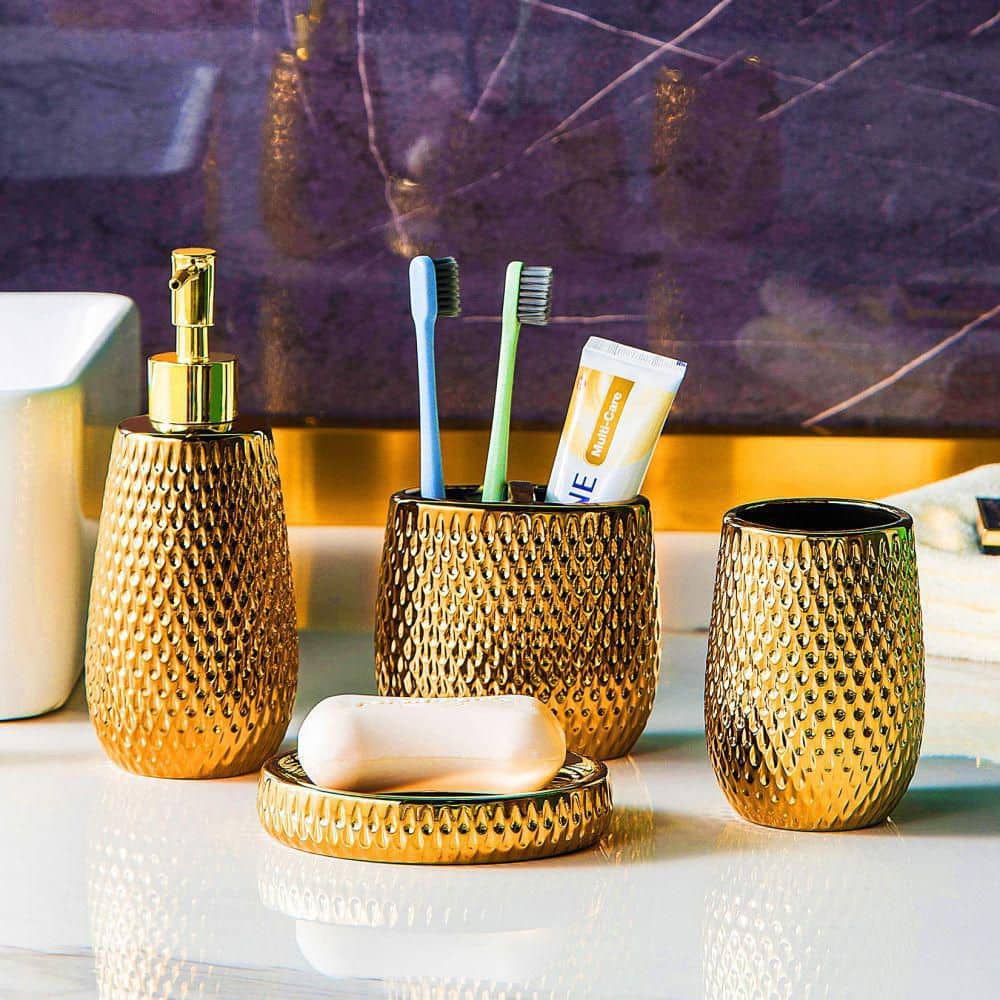 Gold Raindrop Ceramic 4-Piece Bathroom Accessory Set