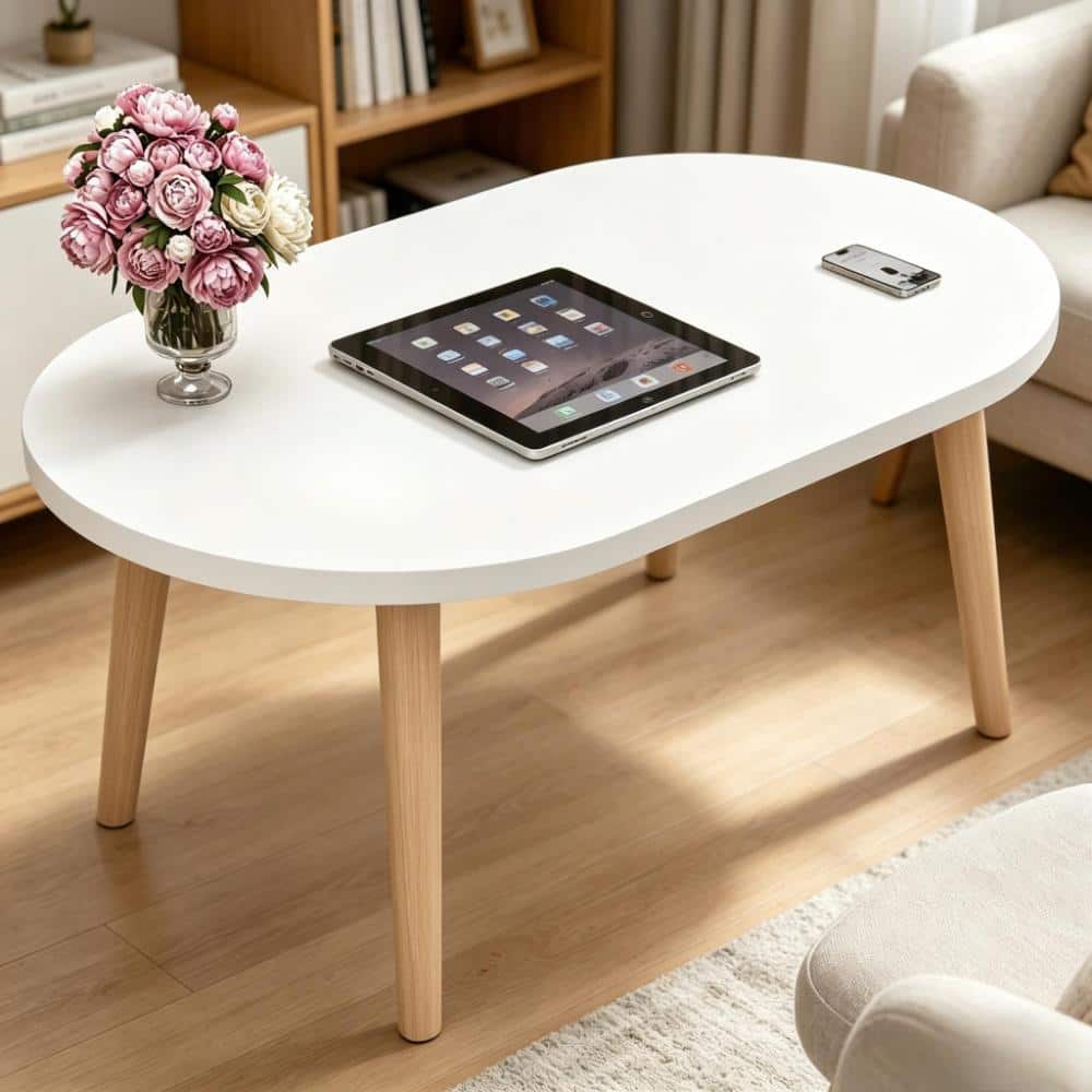 23.6 in. Oval Coffee Table with Solid Wood Legs, Space Saving Low Table, White price history on PriceWatchPro