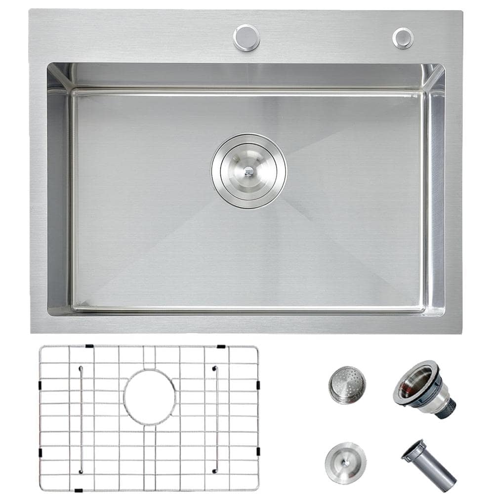 24 in. Drop-In Single Bowl 16-Gauge Stainless Steel Kitchen Sink in Brushed Nickel with Grid and Drain
