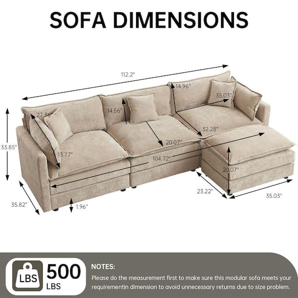 GOJANE 112.2 in. Square Arm L-Shaped Chenille Deluxe Pillow-Styled Modular Sectional Sofa in. Coffee with 1 Ottoman 2187Coffee-3+1