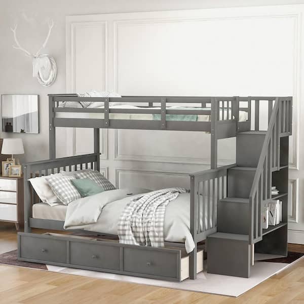 Gray Stairway Twin-Over-Full Bunk Bed with Drawer, Storage and Guard Rail for Bedroom, Dorm, for Adults