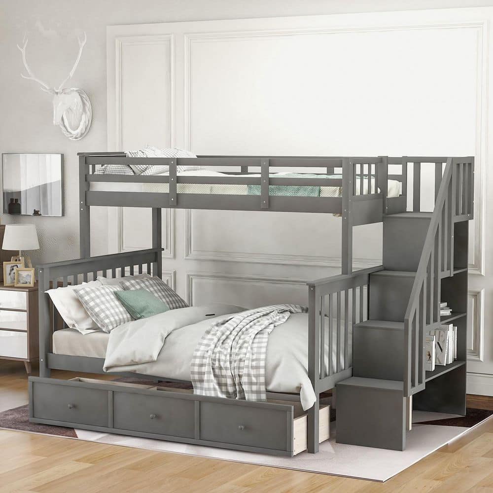 Gray Twin-Over-Full Bunk Bed with Drawer, Storage and Guard Rail for Bedroom, Dorm price history on PriceWatchPro