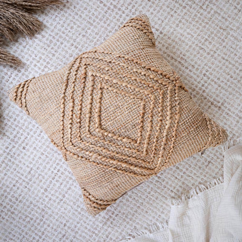 Tan Geometric Textured Hand-Woven Cotton Blend Throw Pillow