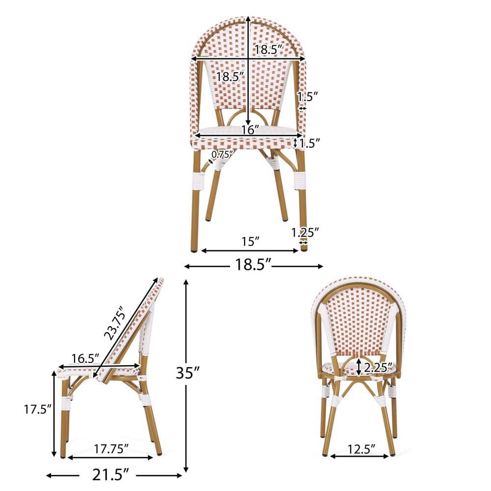 Rust Orange and White Bamboo Print Armless Outdoor Bistro Chairs, Set of 2