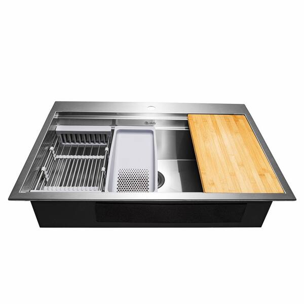 Akdy Handcrafted All In One Drop In 32 In X 22 In X 9 In Single Bowl Kitchen Sink In Stainless Steel With Accessories Ks0302 The Home Depot