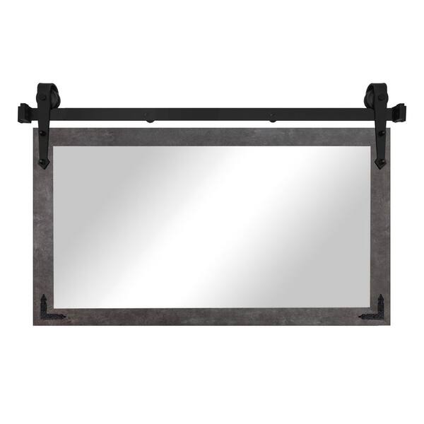 ( 33 in. W x 38 in. H ) Concrete Mirror w Steel Barn Door Track and Decorative Metal Corner Brackets