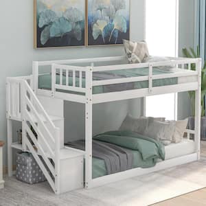 White Twin Over Twin Floor Bunk Bed with Storage