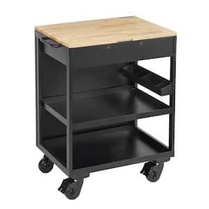 Extra Wide Utility Cart with Wooden Top in Black (28 in. W x 37.5 in. H x 21.5 in. D)