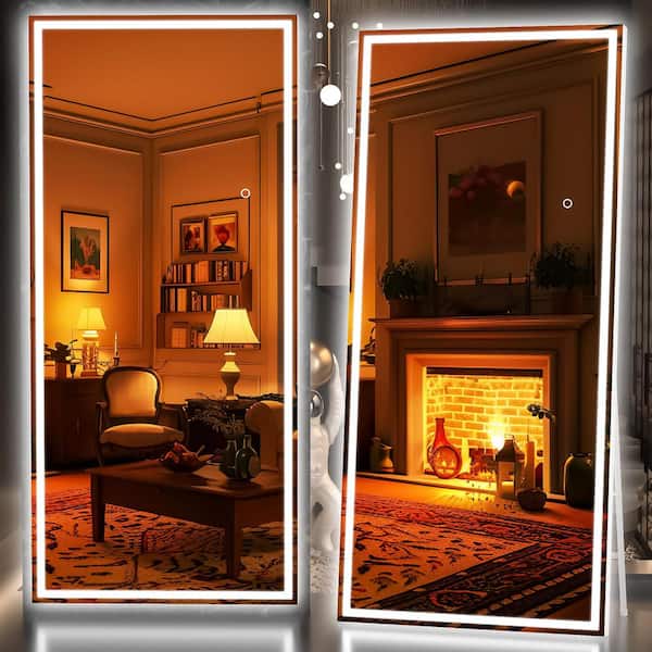 Hasipu 34 in. W x 81 in. H Square White LED Lighted Floor Standing Mirror, Hanging Mounted Mirror, Dimmable, Tempered Glass