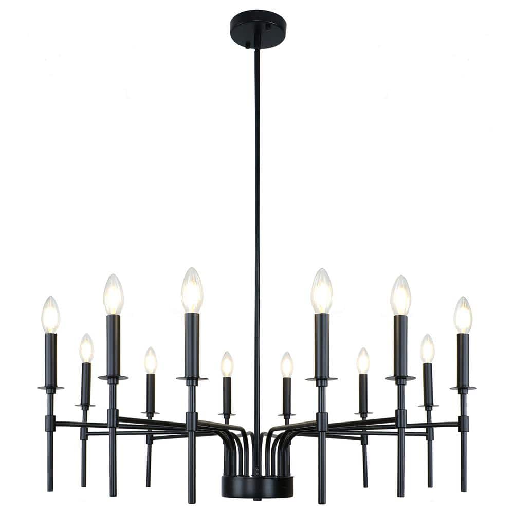 12-Light Black Farmhouse Rustic Modern Large Candle Style Chandelier for Di