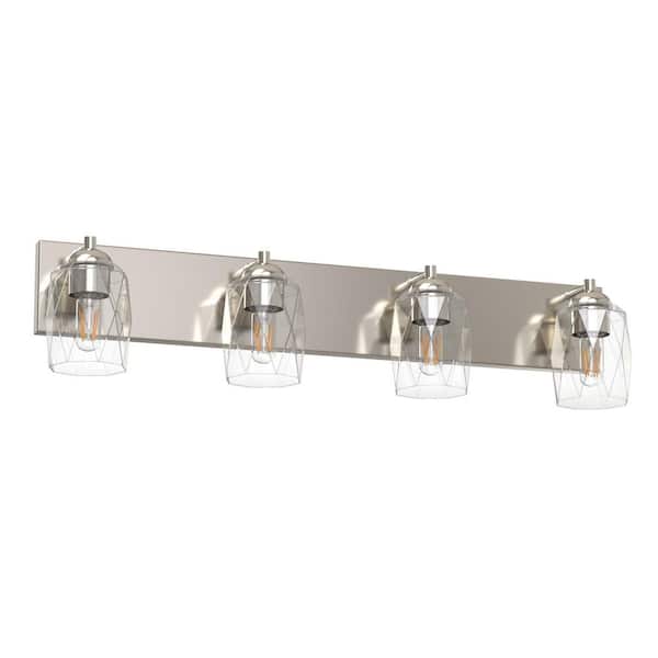 YANSUN 27 in. 4-Light Nickel Modern Vanity Light, Unique Cylinder Glass Shade Bathroom Mirror Wall Fixture