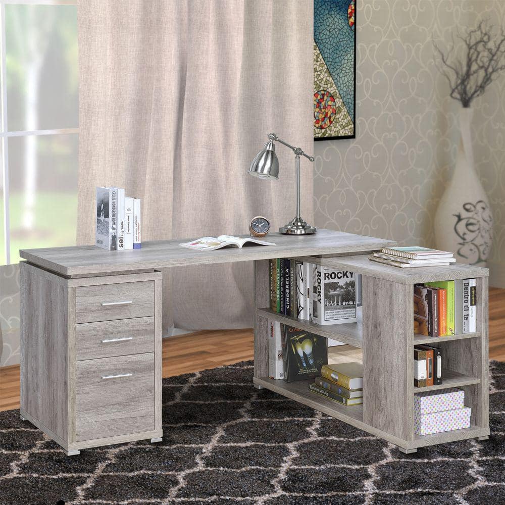 Gray Wood L-Shaped Computer Desk with Drawer and Filing Cabinet