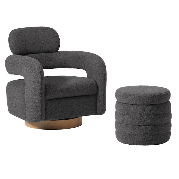 Bayville Modern 2-Piece Sherpa Swivel Accent Chair Set with Round Storage Footstool Ottoman in Charcoal Gray