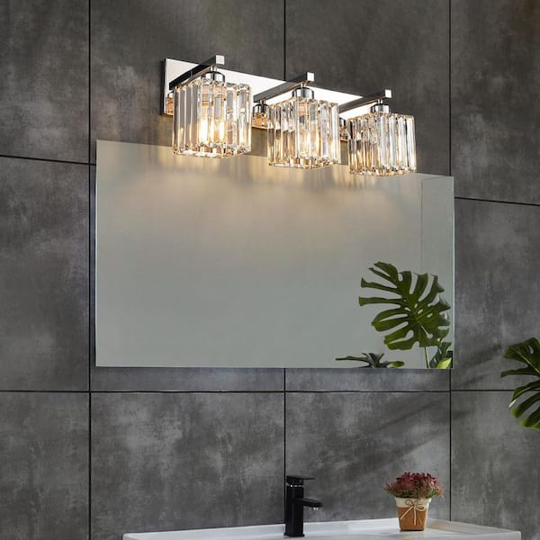 Home Lighting Fixture Width 20.74 in. 3-Light Chrome Modern Crystal Vanity Lights Wall Sconces For Bathroom（JW-002)