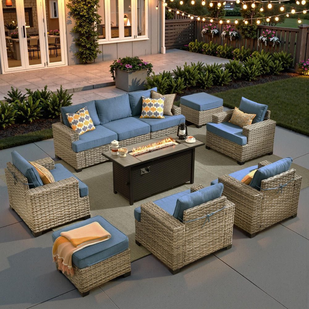 Tobest 10-Piece Wicker Outdoor Patio Conversation Sofa Set with 54 in. Fire Pit Table, Denim Blue Cushions price history on PriceWatchPro