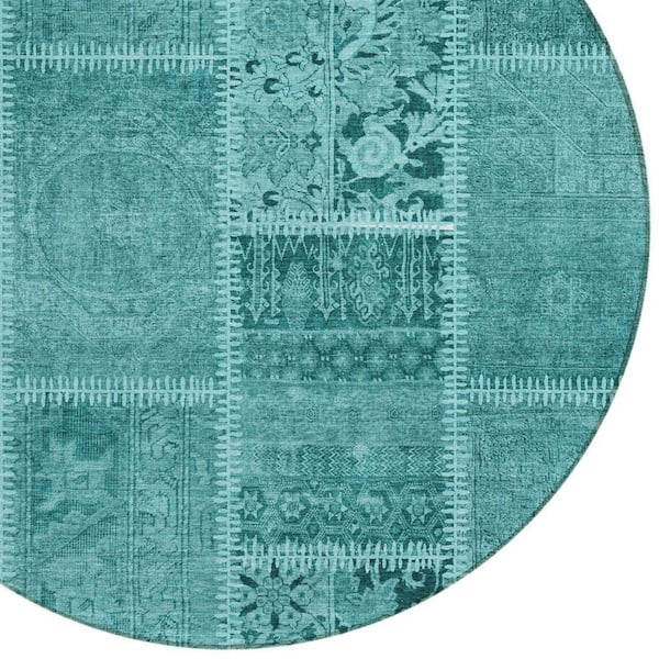 Turquoise, Teal Blue, Aqua 8 ft. Round Woven Plaid Polyester Round Indoor/Outdoor Area Rug