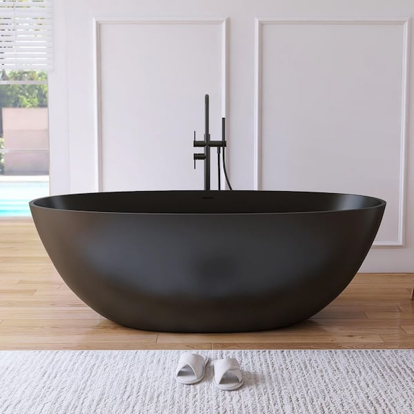 MEDUNJESS Eaton 65 in. x 30 in. Stone Resin Solid Surface Matte Flatbottom Freestanding Soaking Bathtub in Black