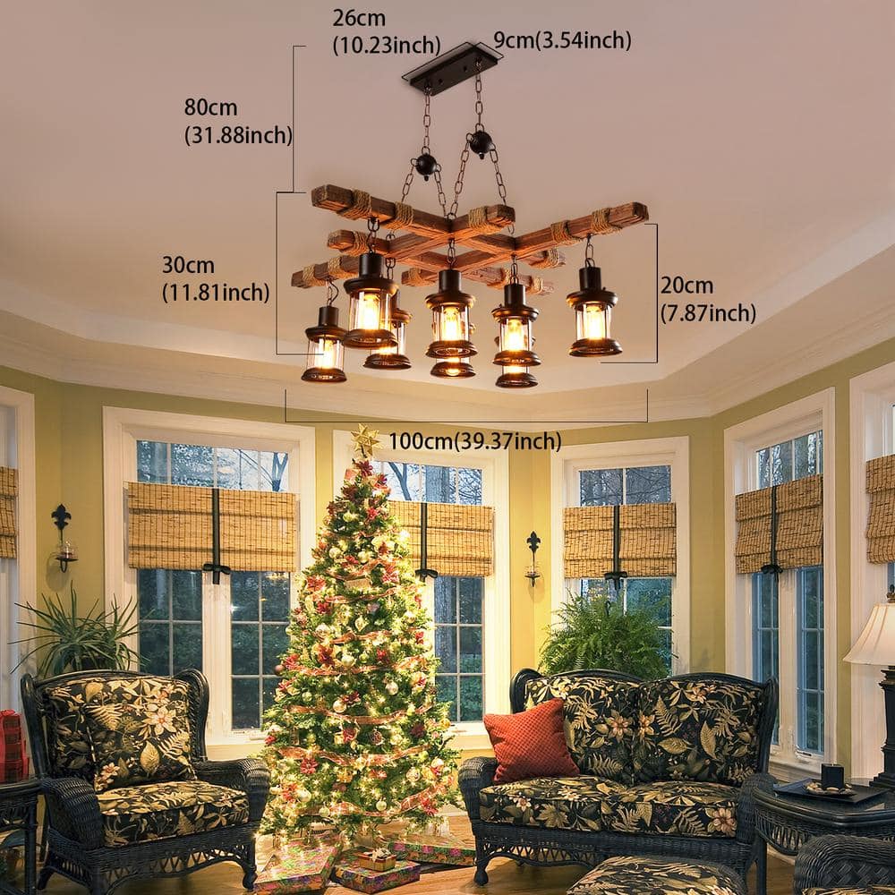 Rustic Brown Metal and Wood 8-Light Lantern Chandelier
