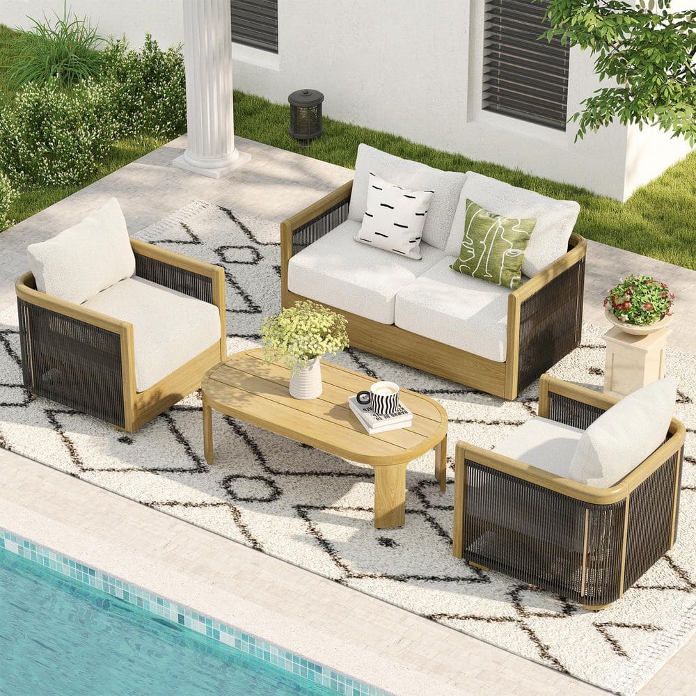 Overture 4-Piece Natural Wood Grain Aluminum Hand-Woven Patio Conversation Set with Coffee Table and Beige Cushions price history on PriceWatchPro