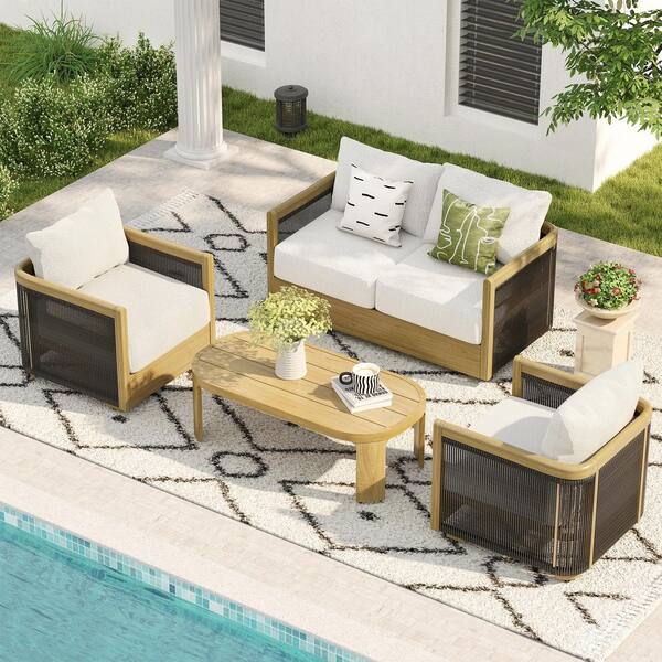 Overture 4-Piece Natural Wood Grain Aluminum Hand-Woven Patio Conversation Set with Coffee Table and Beige Cushions