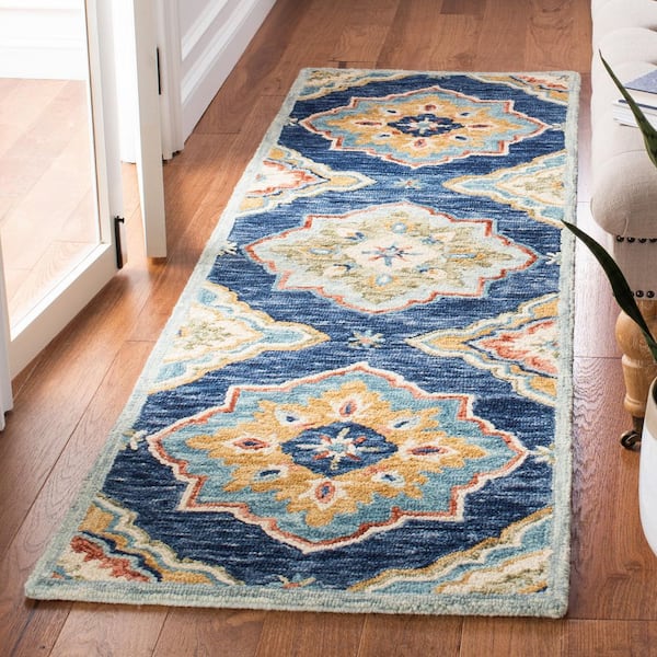 Suzani 2 ft. x 8 ft. Navy/Green Floral Border Runner Rug