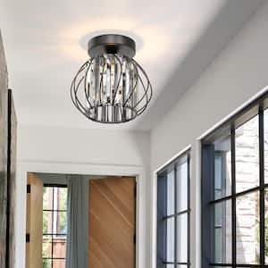 7 in. 1-Light Modern Crystal Semi Flush Mount Ceiling Light, Black Cage Design for Hallway, Entryway, or Bedroom