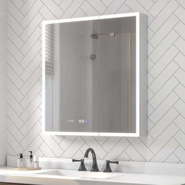 Gleamr 30 in. W x 32 in. H Rectangular Aluminum Medicine Cabinet with Mirror