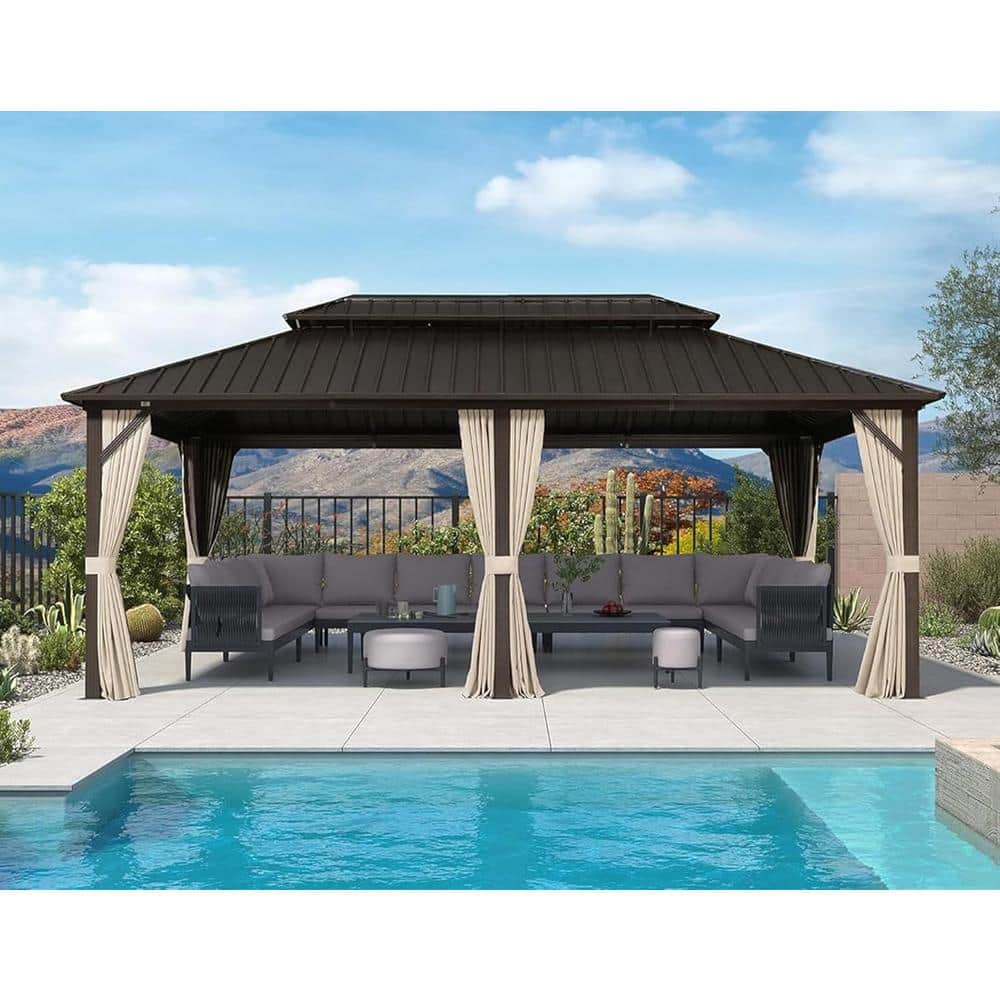 Bronze 12' x 20' Outdoor Hardtop Gazebo with Curtains and Netting