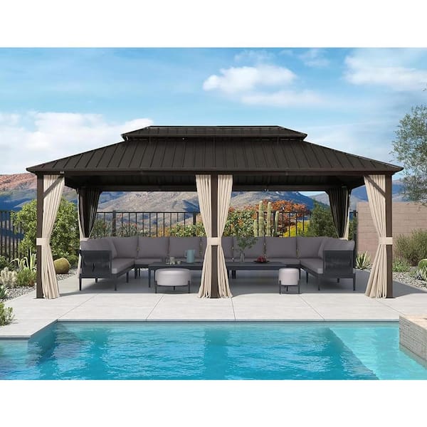 PURPLE LEAF 12 ft. x 20 ft. Gray Aluminum Outdoor Hardtop Gazebo Metal Frame Galvanized Double Roof with Curtains and Nettings