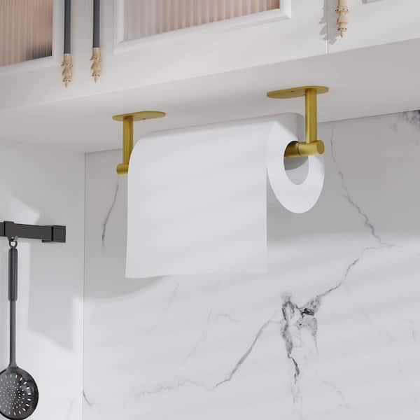 Brushed Gold Stainless Steel Paper Towel Holder Under Cabinet, Wall Mounted or Adhesive, Round Base Paper Towel Rack