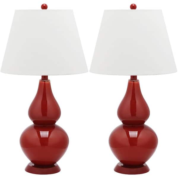 SAFAVIEH Cybil 26.5 in. Red Double Gourd Glass Table Lamp with Off-White Shade (Set of 2)