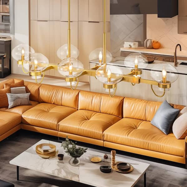 Alaxe 8- Light Aged Brass Linear Chandelier Kitchen Island Pendant Light with Sputnik Glass Bubble