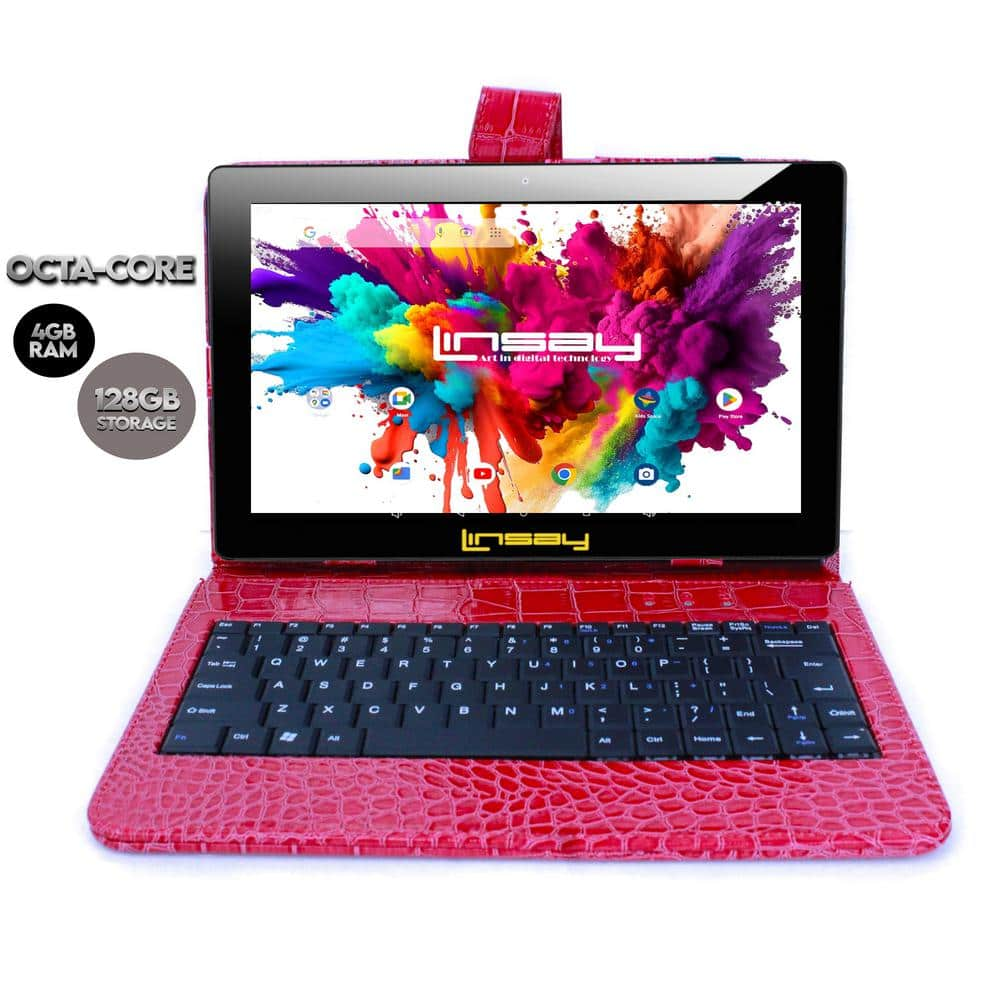 LINSAY 10.1 in. High End Octa Core Tablet 128GB Android 13 with Red Crocodile style Keyboard