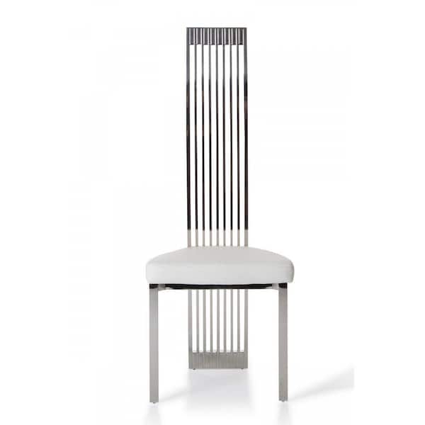 Benjara Metal and Faux Leatherette White and Silver Upholstered Dining Chair with Vertical Slat Back Design