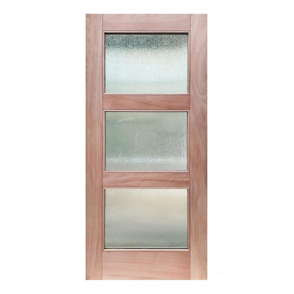 36 in. x 80 in. Deep Red-Brown Reversible Mahogany Patio Door Slab with Rain Glass Insulated Double-Layer Tempered Glass