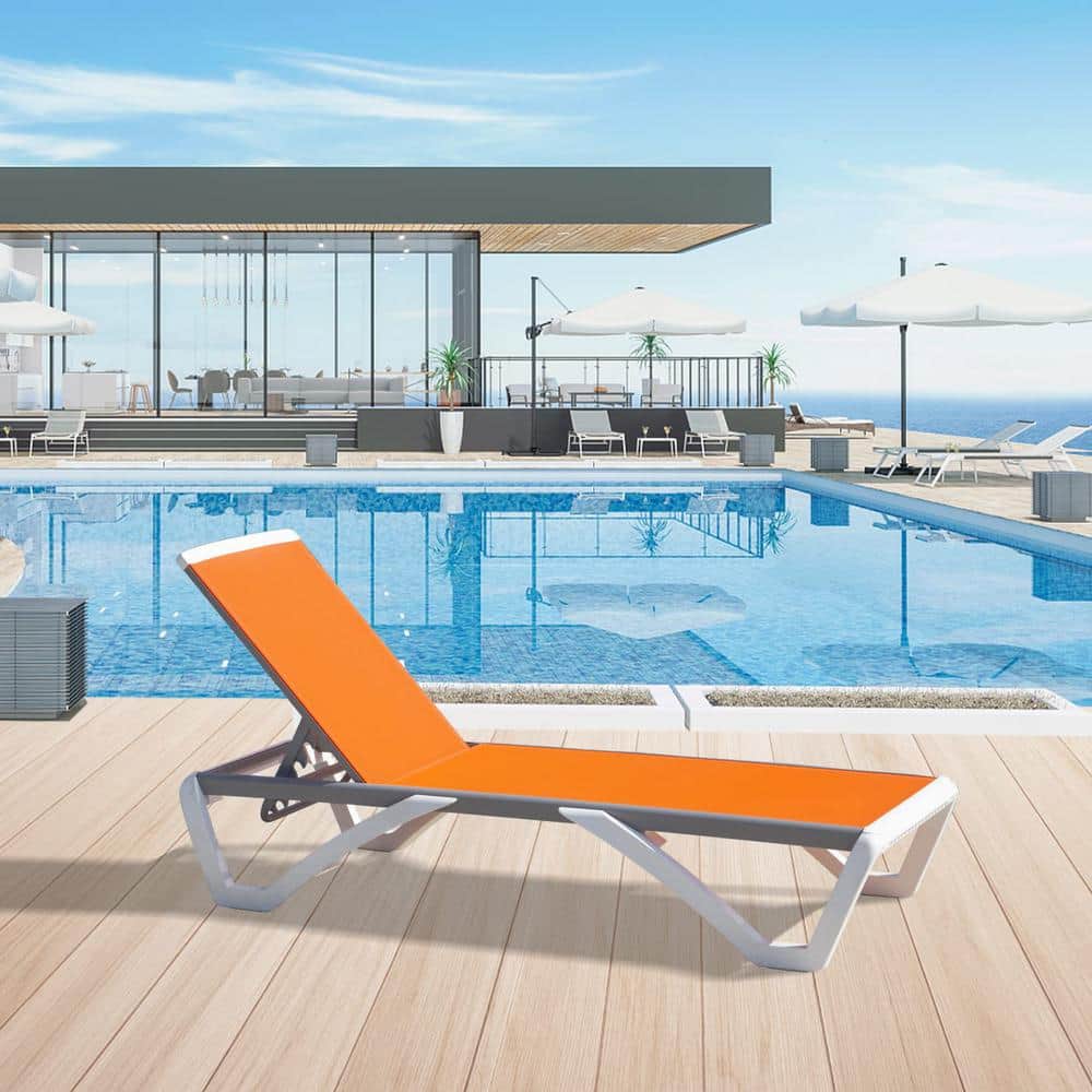 White and Orange Adjustable Plastic Outdoor Chaise Lounge