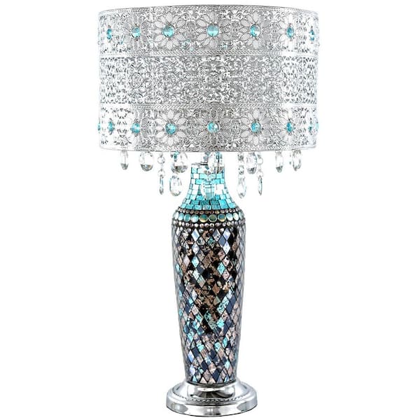 River of Goods 24.25 in. Turquoise Indoor Table Lamp with Gloria's Crystal Beaded Shade and Mosaic Base