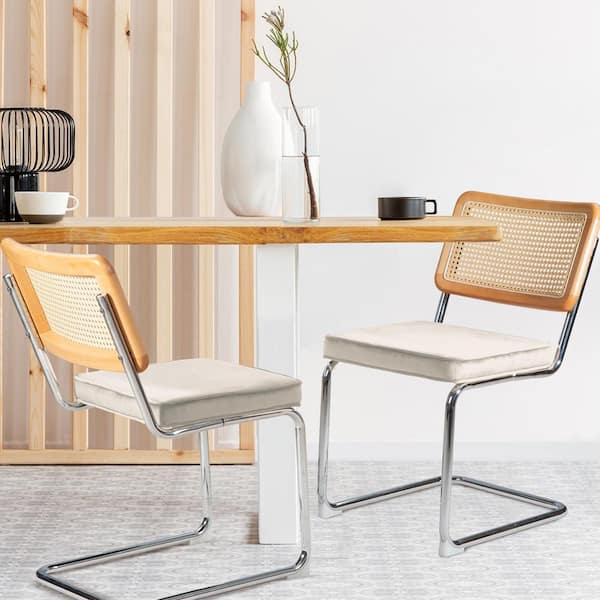 Zeus & Ruta Outdoor Metal Upholstered Side Chair, Patio Modern Dining Chair with Rattan Backrest and Beige Cushion, (Set of 2)