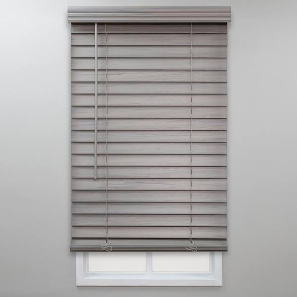 Perfect Lift Window Treatment Gray Cordless Room Darkening Faux Wood Blinds with 2 in. Slats - 25 in. W x 72 in. L
