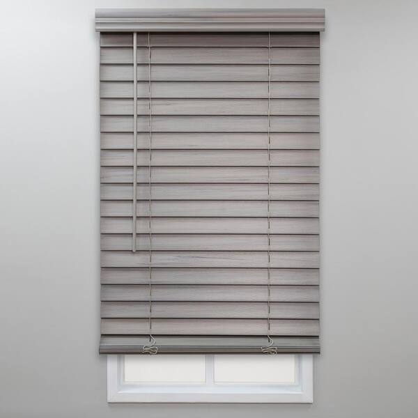 Perfect Lift Window Treatment Gray Cordless Room Darkening Faux Wood Blinds with 2 in. Slats - 34.75 in. W x 72 in. L