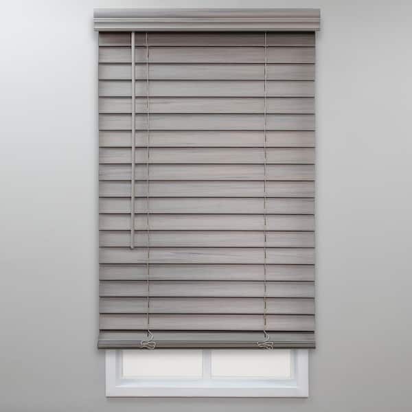 Perfect Lift Window Treatment Gray Cordless Room Darkening Faux Wood Blinds with 2 in. Slats - 61.5 in. W x 48 in. L