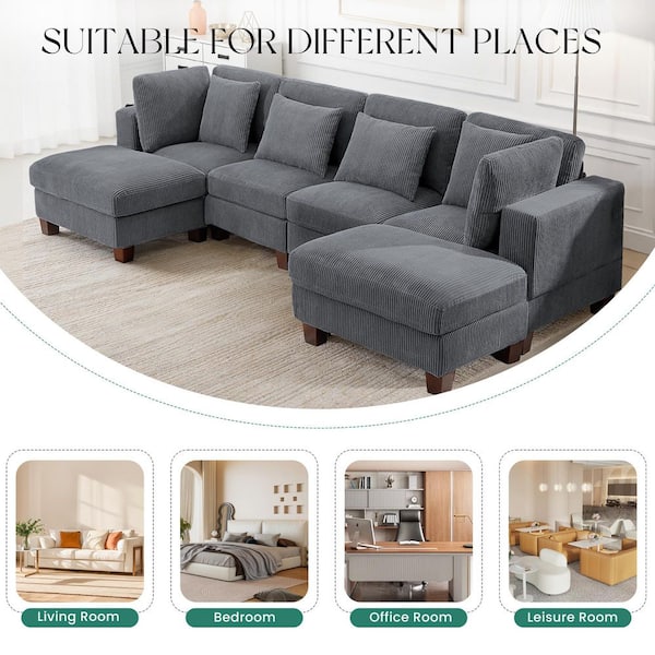 JEAREY 116 in. U-Shaped Square Arms 6-Piece Corduroy Modular