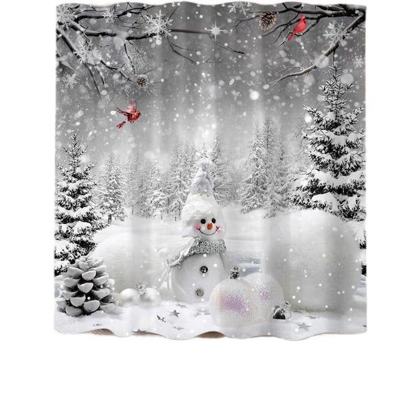 72 in. W x 72 in. L Polyester Shower Curtain in Gray​, Christmas Snowman Shower Curtain for Bathroom Decor with Hooks