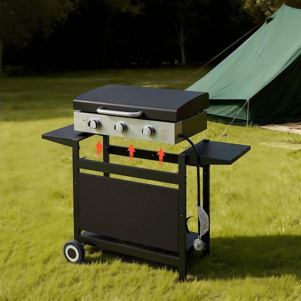Gas Griddle, 3 x 11000 BTU Outdoor Flat Top Grills, 3-Burner Grill, Pulse Ignition, Removable Top Design Propane Black